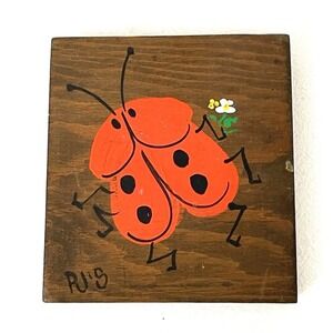 Vtg Hand Painted Ladybug on Wood Block Wall Art Primitive Farmhouse Garden